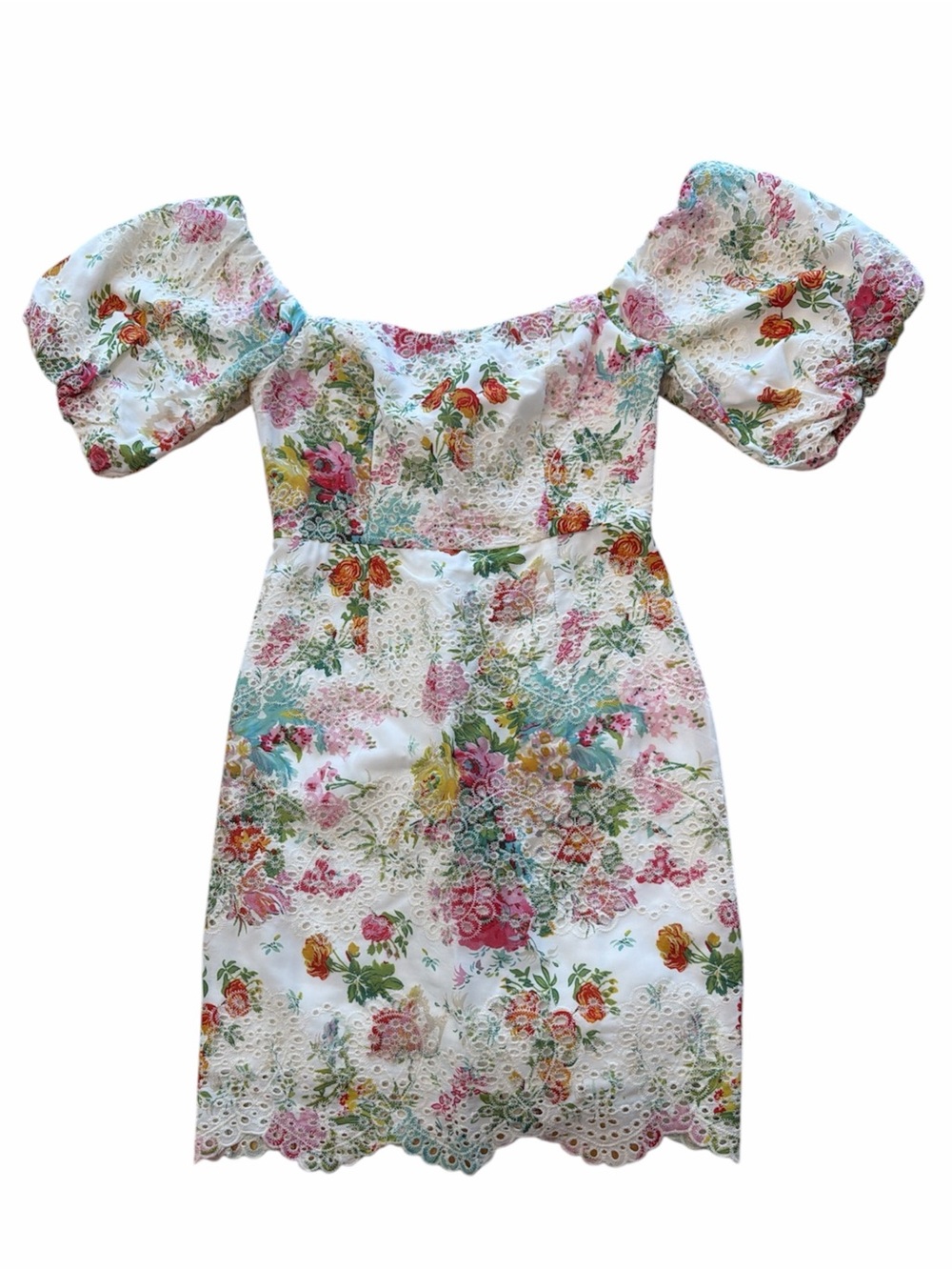 Stile Collection Floral Puff Sleeve Eyelet Mini Dress in White